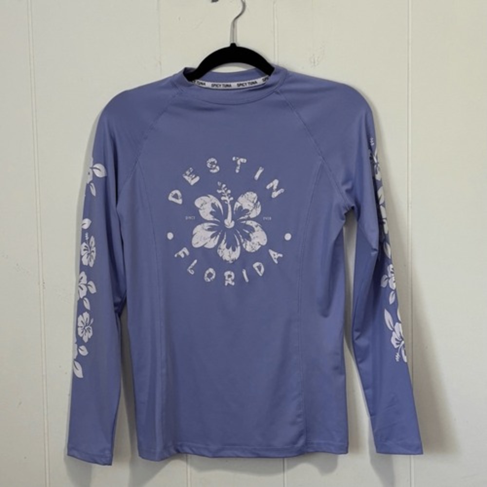 Spicy Tuna Kids XL Rash Guard Long Sleeve Destin Florida Hibiscus Blue RG7061